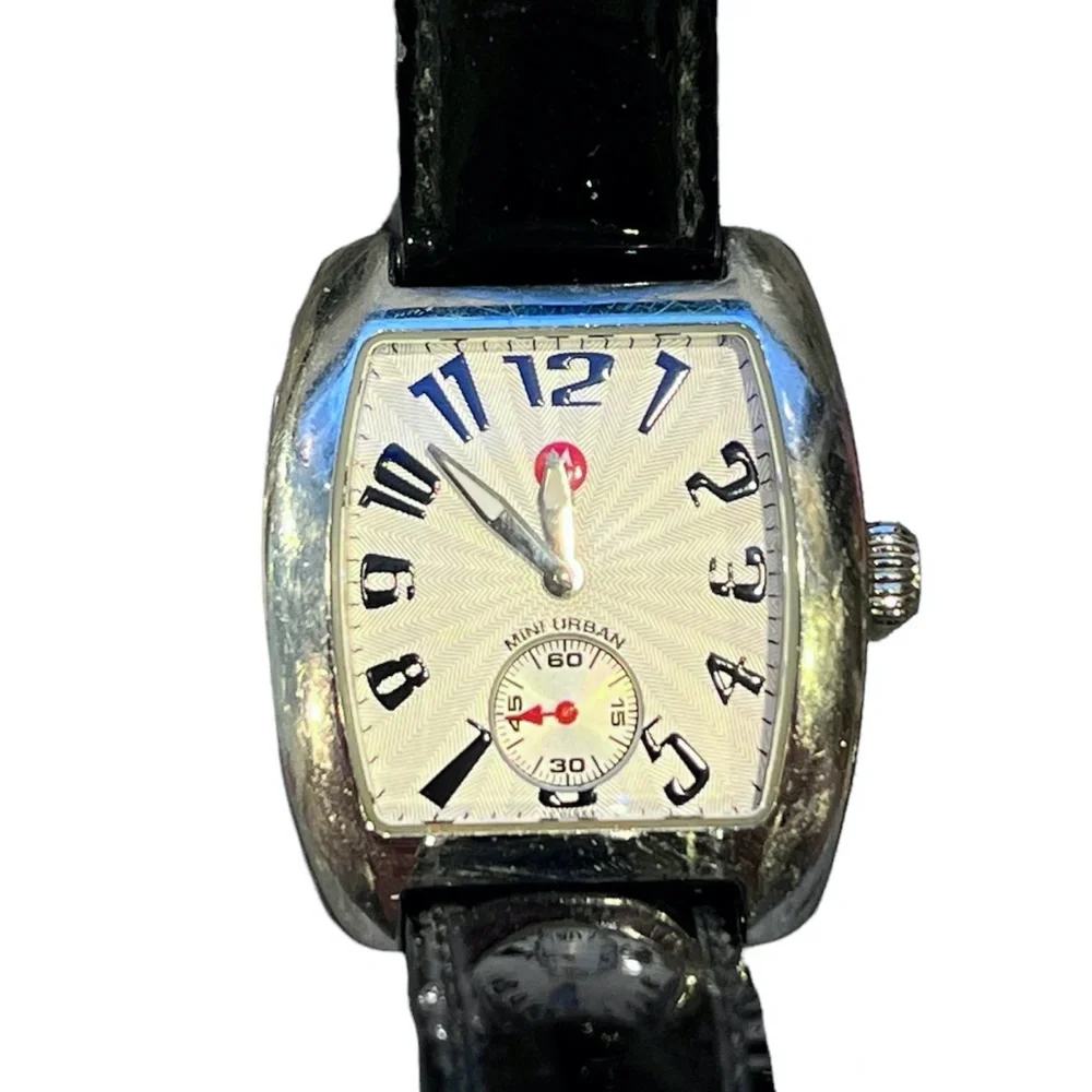 MICHELE MINI URBAN STAINLESS STEEL WATCH WITH BLACK PATENT LEATHER STRAP